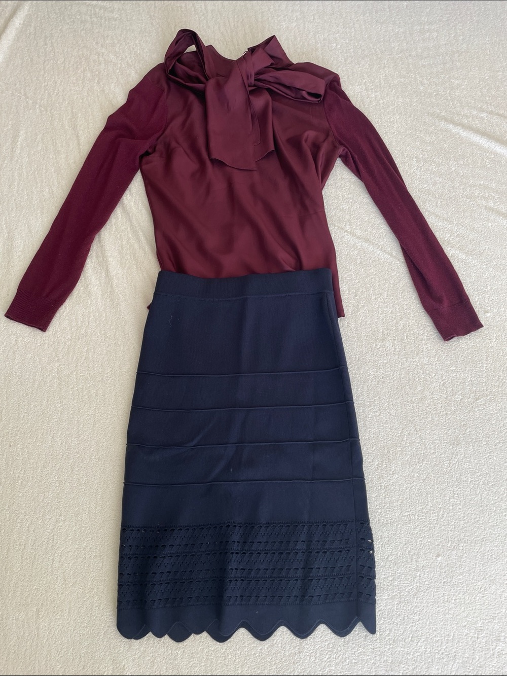 Ted Baker: Set of 2 burgundy silk ribbon top and Scalloped Hem Navy Pencil Skirt